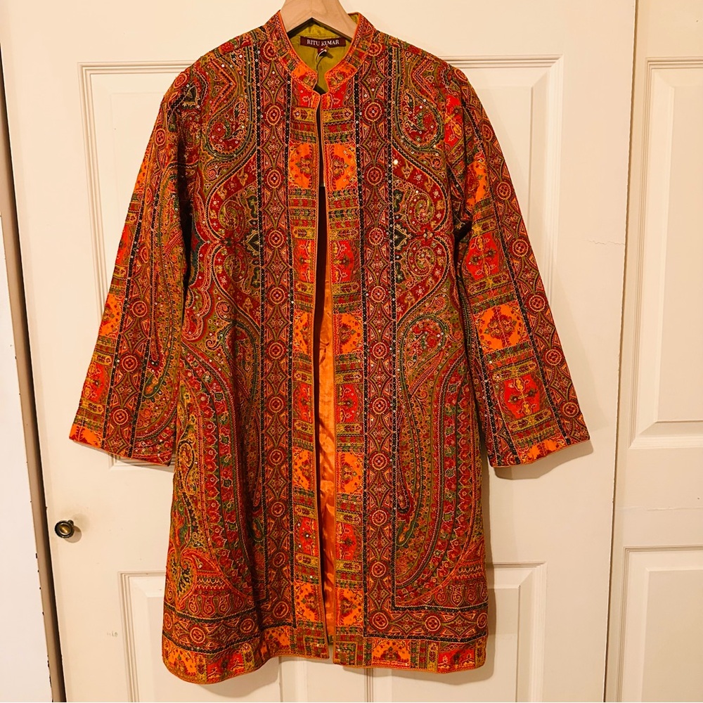 Ritu Kumar | Jacket | Embroidered Silk/Cotton Jacket in Pumpkin